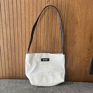 PUP Off-White Canvas Shoulder Tote with Black Strap